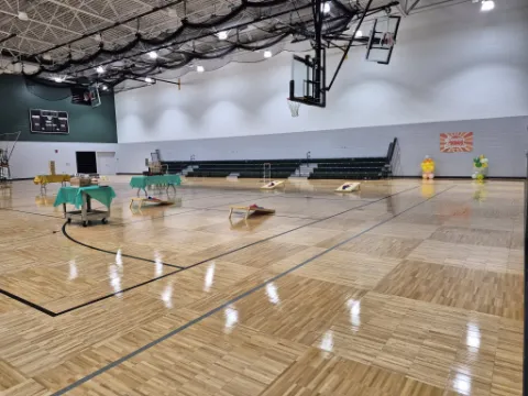 The school gym set up for the Class of 2027 Senior Sunrise gathering.