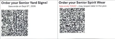 Flyer with QR codes to order senior yard signs and Class of 2027 spirit wear; the sale ends September 9, 2026.