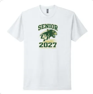 White Comstock Park Senior 2027 T-shirt featuring a green and gold panther logo.